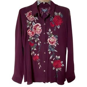 Johnny Was Embroidered Silk Button Front Blouse